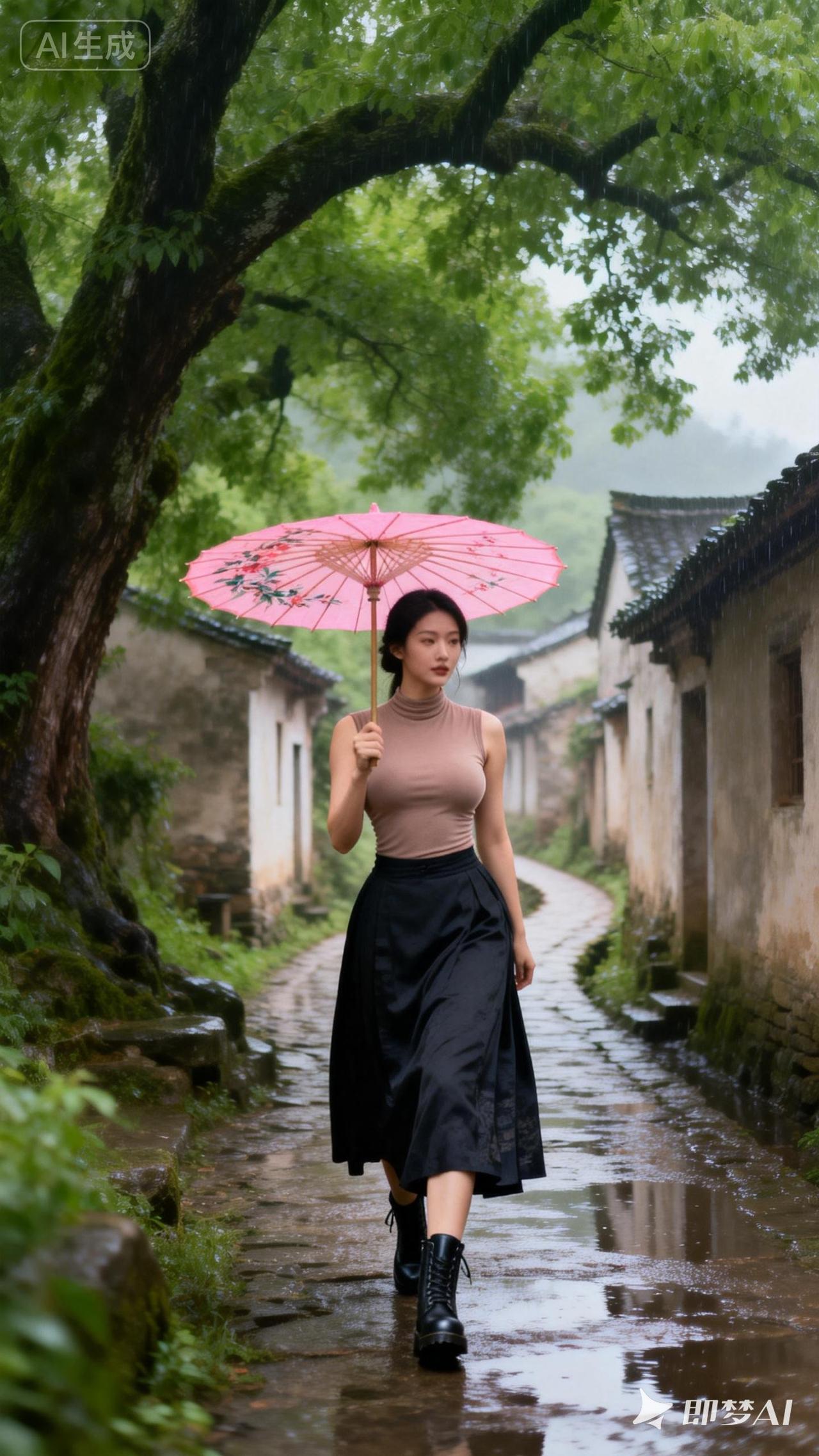 雨中漫步，撑起粉色的伞，感受古镇的静谧与浪漫。