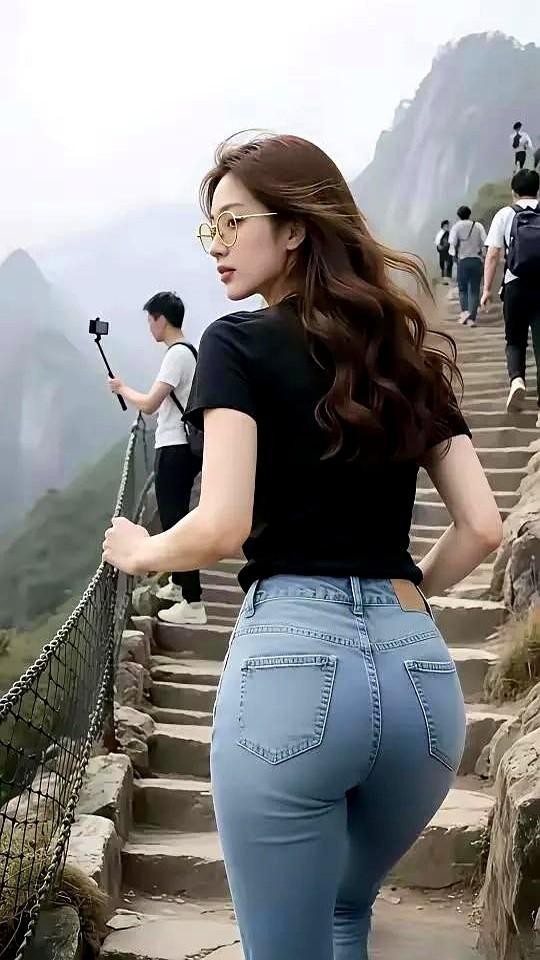 青山云雾间，她黑衣长发，牛仔裤把曲线绷成流动的诗。同行小哥端着单反跟了半里地