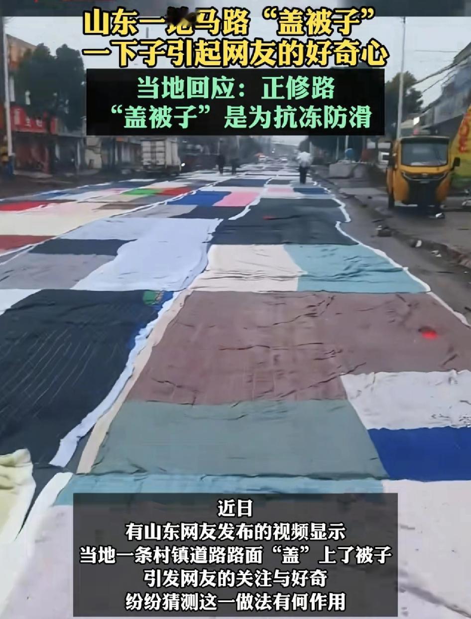 山东枣庄有网友发现一路面铺满了大大小小不同颜色的被子。就像百家被一样铺在路面，大
