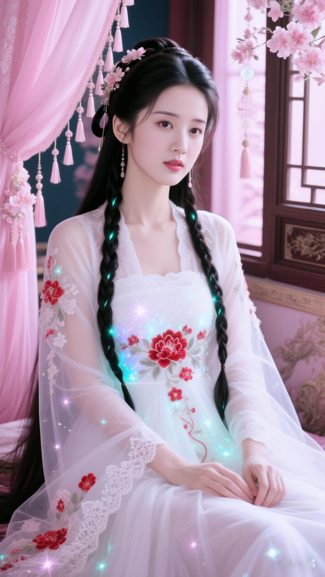 梦幻古风少女，粉嫩花海中的仙子