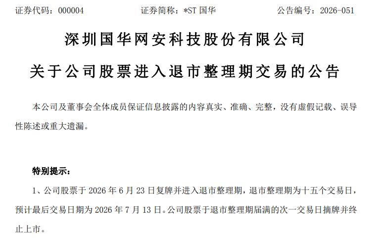深交所“老五股”之一ST国华（000004）发布终止上市公告，公司股票将于