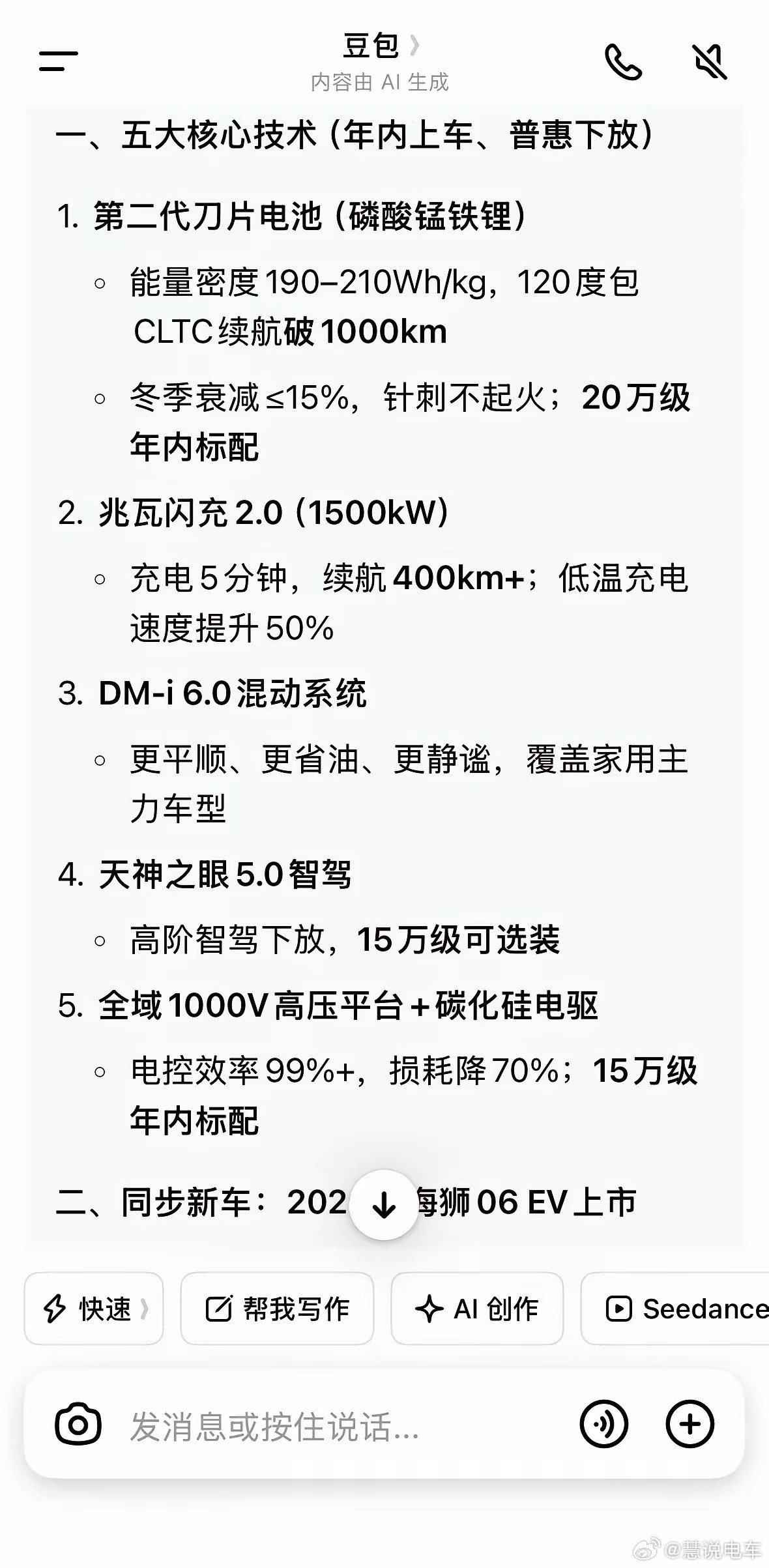 豆包说3月5日，比亚迪将发布5大重磅技术：1、第二代刀片电池2、兆瓦闪充2.03