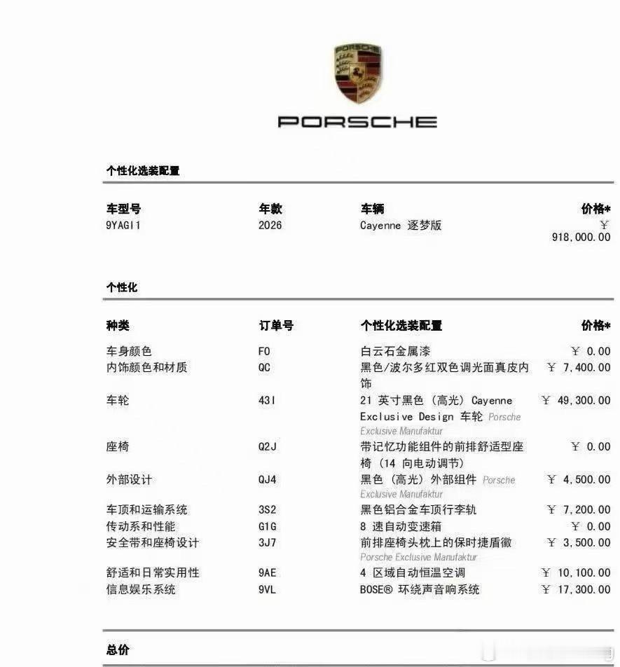 保时捷卡宴白云石逐梦版26款指导价1017300元全款739,729元店