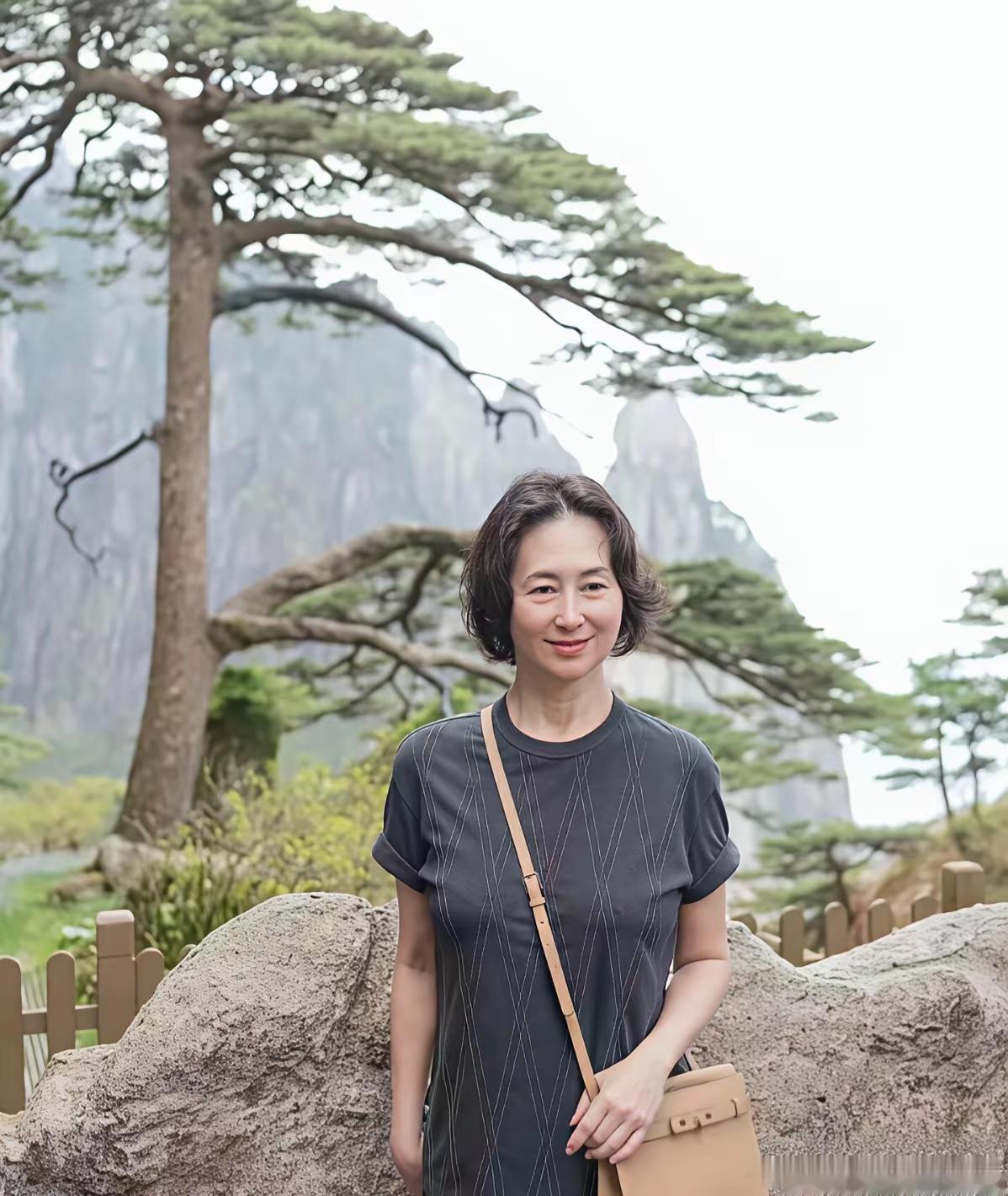 何超琼浏览黄山美景。是什么让岁月不败美人？是那份从容淡定的微笑，是登山杖下的坚