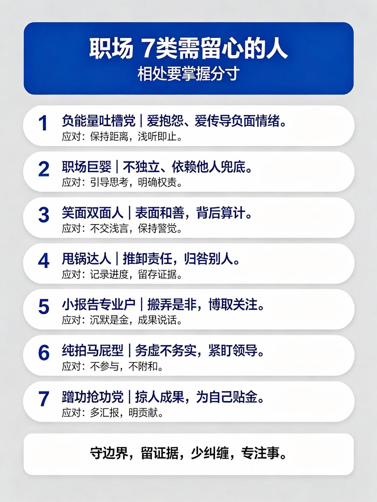 职场7类需留心的人1.负能量吐槽党事事抱怨、持续内耗他人。对策：保持距离