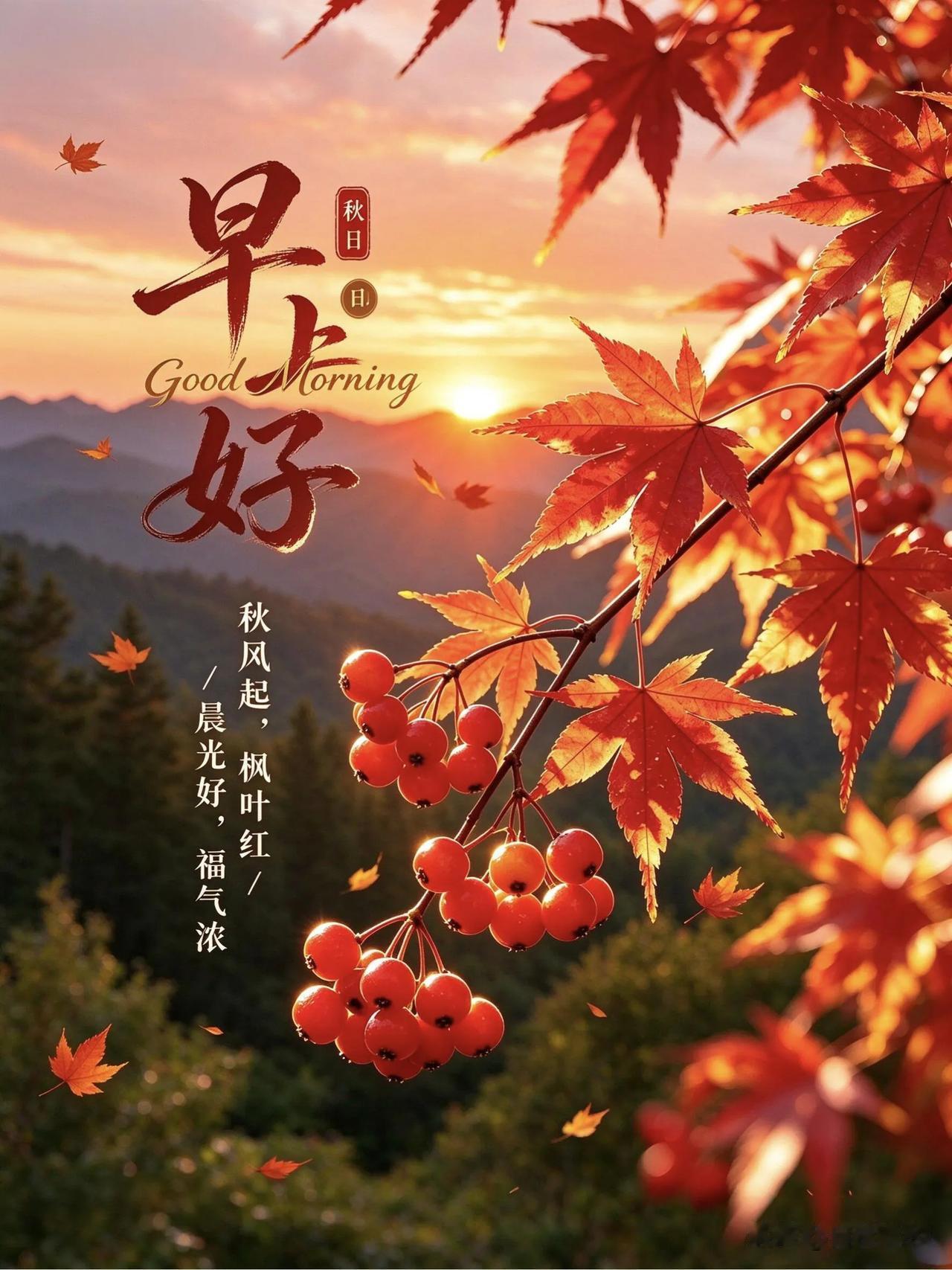 秋染红叶，晨光送福，早上好，万事安康。