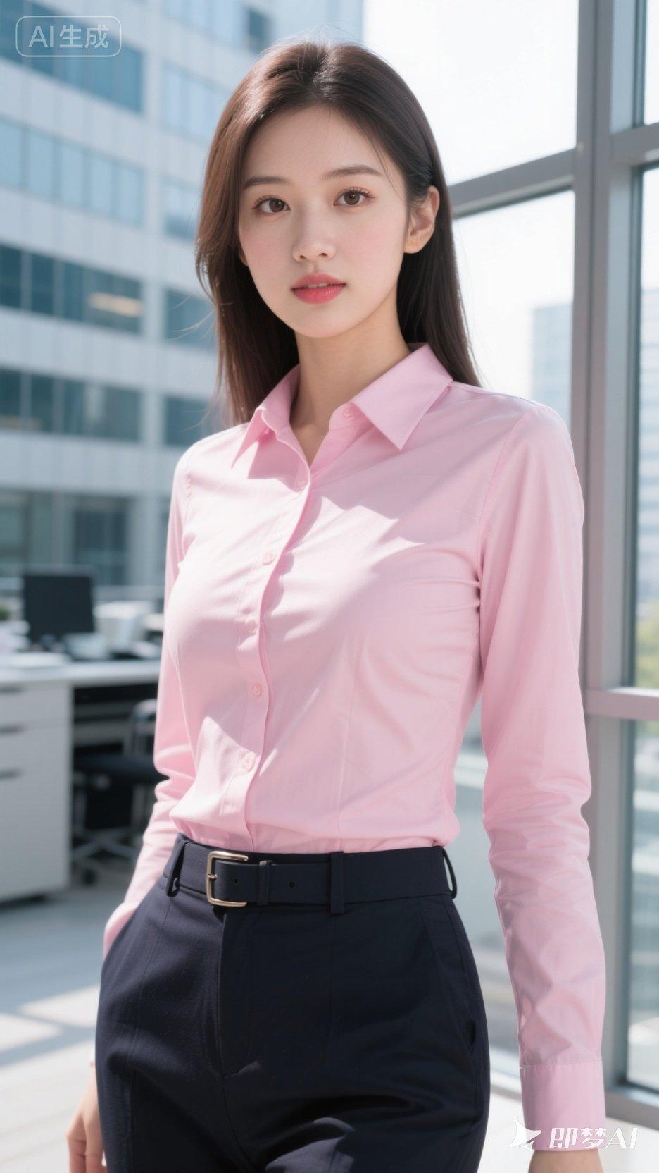 一个穿粉色衬衫的漂亮姑娘。