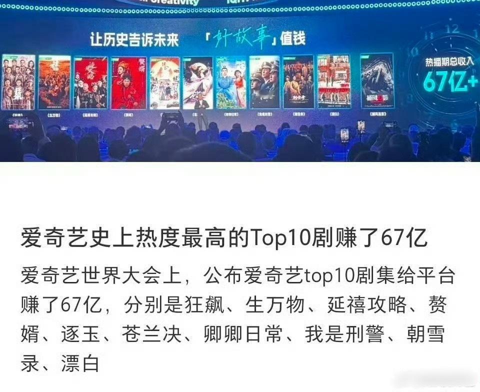 今天爱奇艺公布的史上热度最高的10部赚钱剧，这个赚钱榜没有《莲花楼》；同时，今天