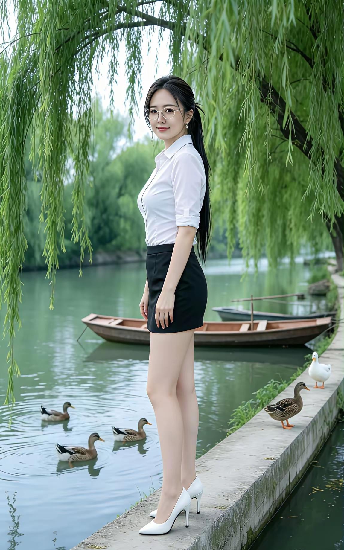 优雅白衬衫搭配黑色短裙，在绿意盎然的湖畔，尽显时尚与自然之美。记录生活的最美瞬间