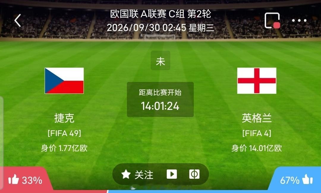 【足球】周二009欧国联方向：捷克vs英格兰欧国联：捷克VS英格兰时间：2026