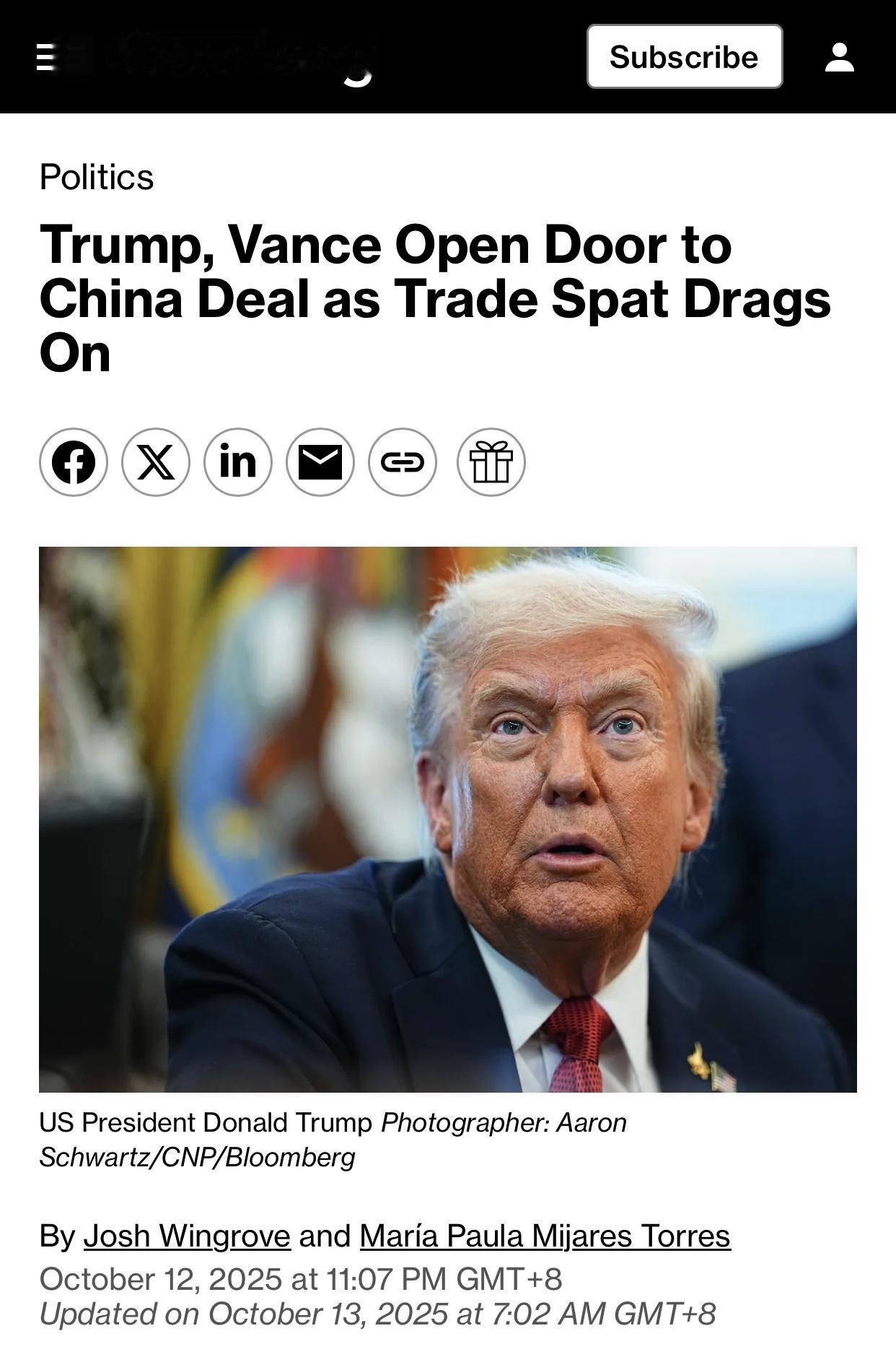 美媒：特朗普和万斯对中国示意愿谈判美国彭博社官网10月12日报道、10月13