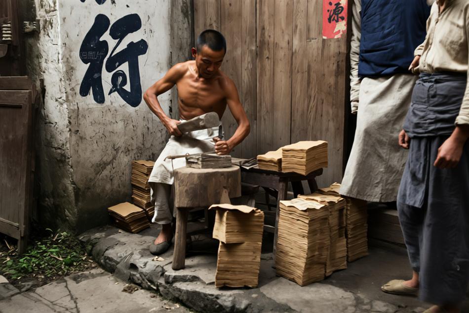 1917年（民国六年），湖北省宜昌街头一角，一位街头摊贩正在錾冥纸（也称錾纸、戳