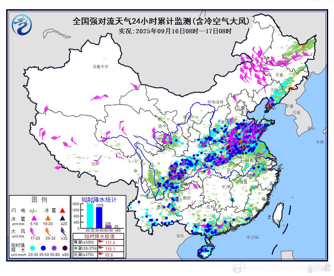 【强对流】昨天到今晨，环绕副热带高压边缘，形成了大量的短时强降雨，副高北侧的黄淮