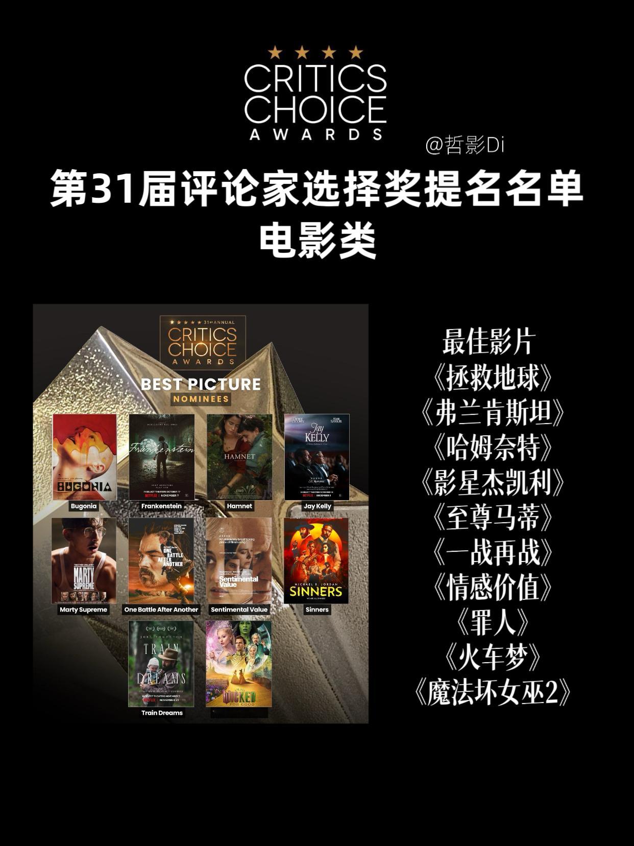 奥斯卡四大风向标之一，第31届评论家选择奖电影类公布提名名单，大热影片《罪人》以