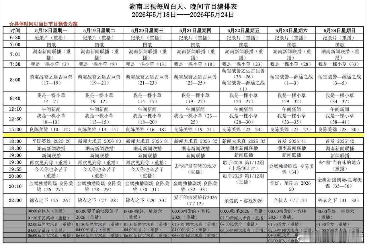良陈美锦湖南卫视下周编排：上午剧场：我是一棵小草下午剧场：良陈美锦金鹰剧场：良
