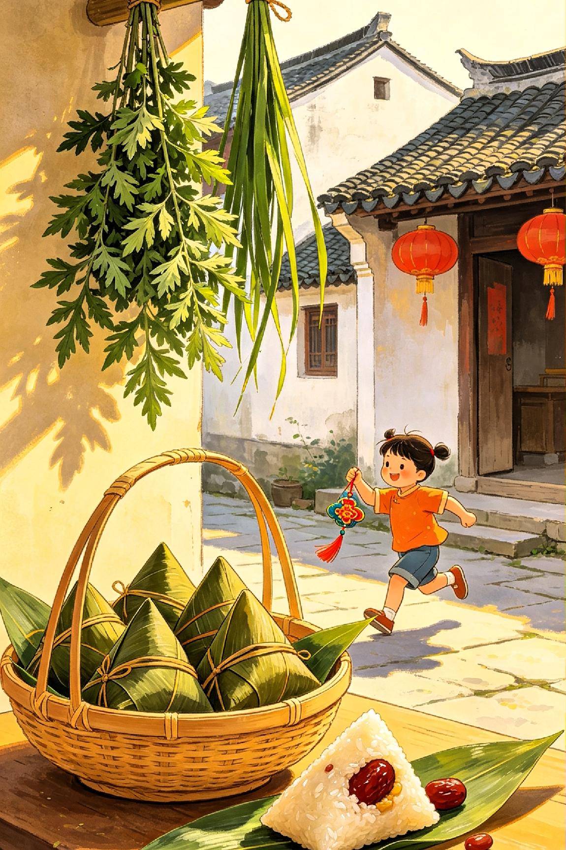 端午安康（七律）榴花灼艳映端阳，户户蒲艾挂画堂。浅浸香醪驱瘴气，轻缠