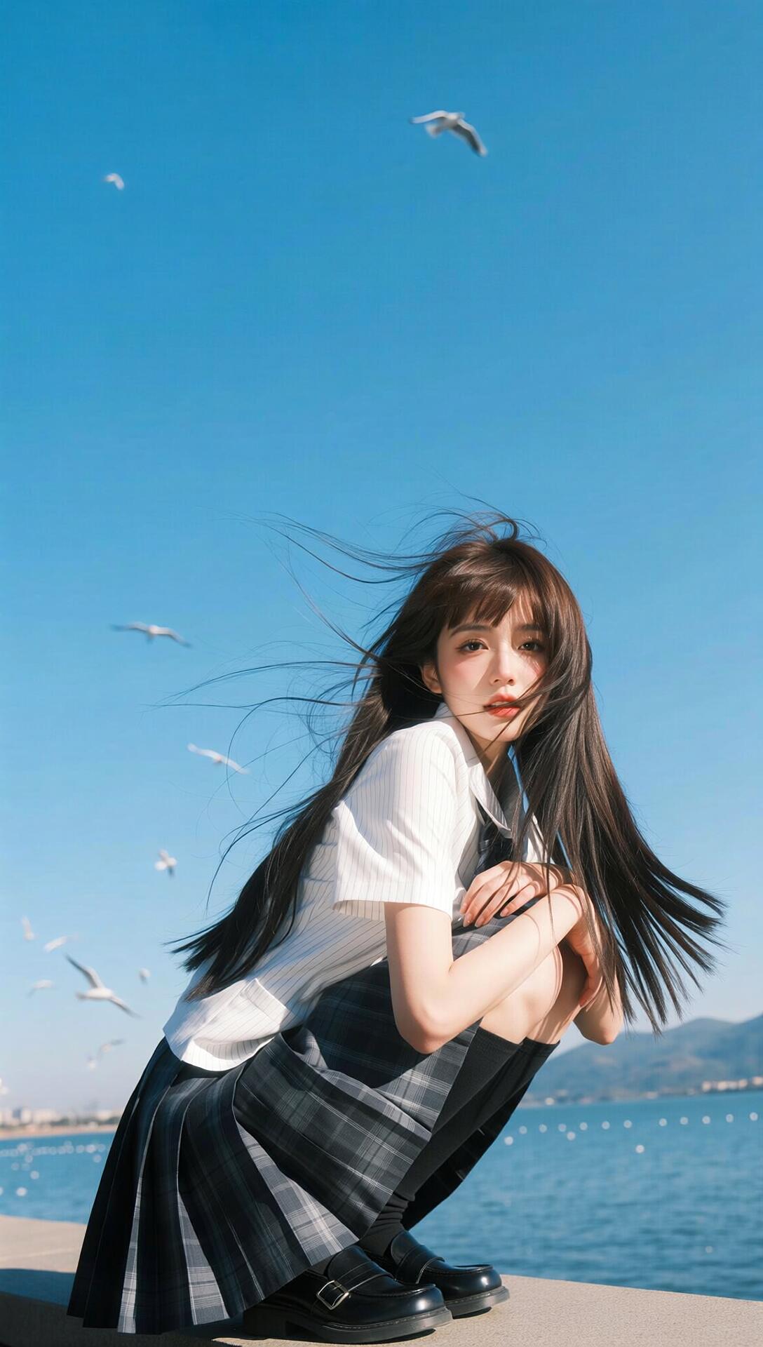 侧身托举海鸥的特写画面，体现了摄影师对细节的极致追求。人物面部的微侧角度，让鼻梁