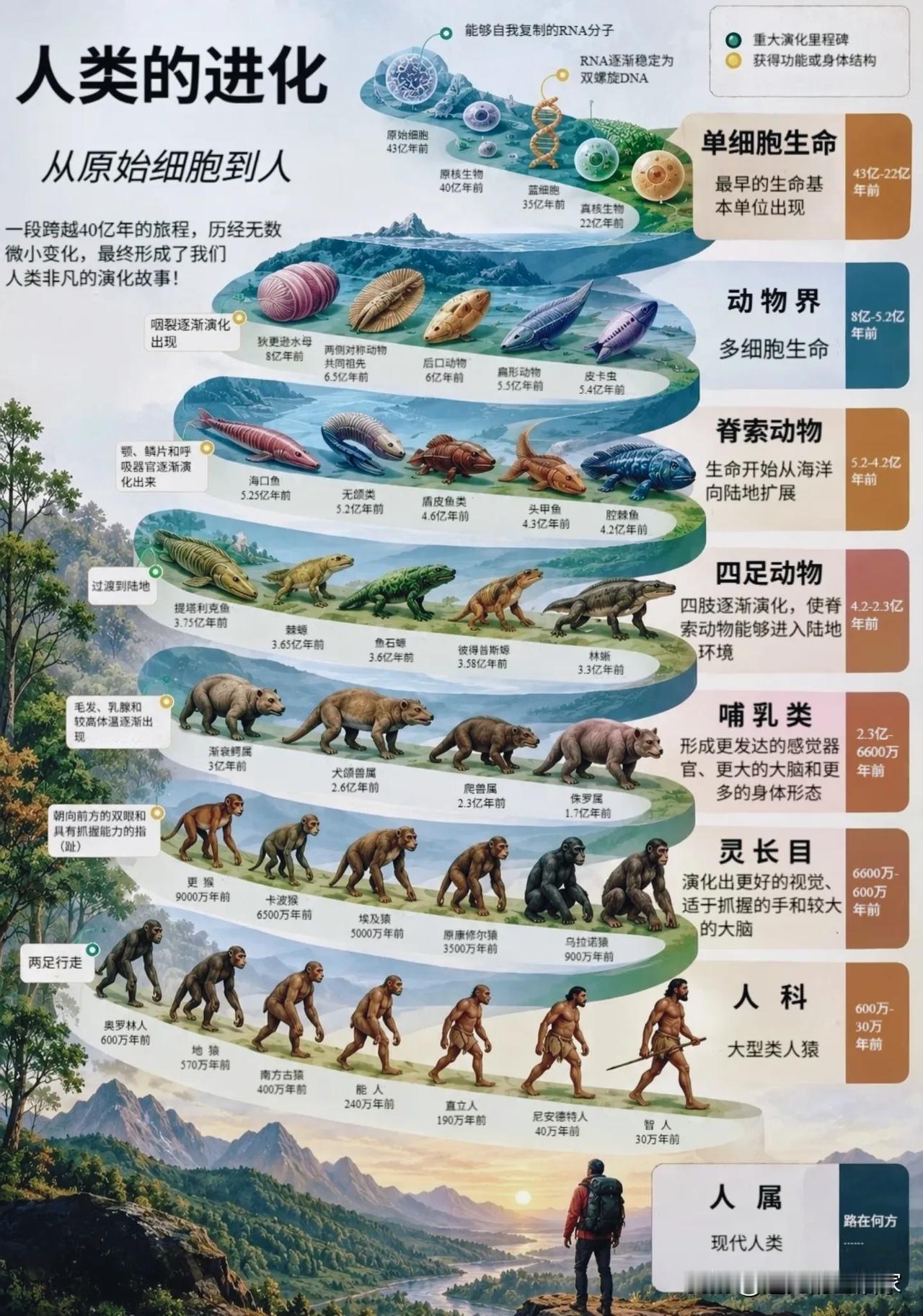 跨越40亿年！一张图看懂人类完整演化之路🌍我们现在的每一个人，都是一场长
