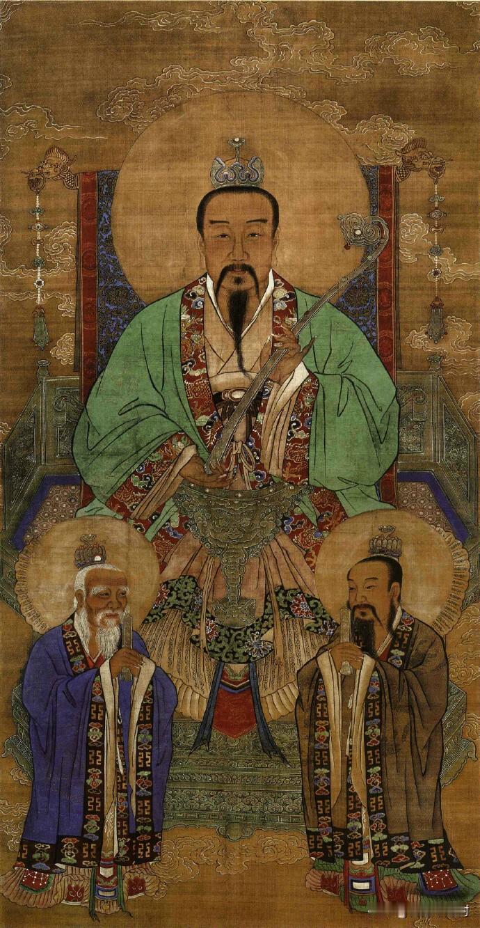 这幅清代绢本古画是上清灵宝天尊，北京白云观馆藏成套三清神像。整幅画用沥粉贴金工