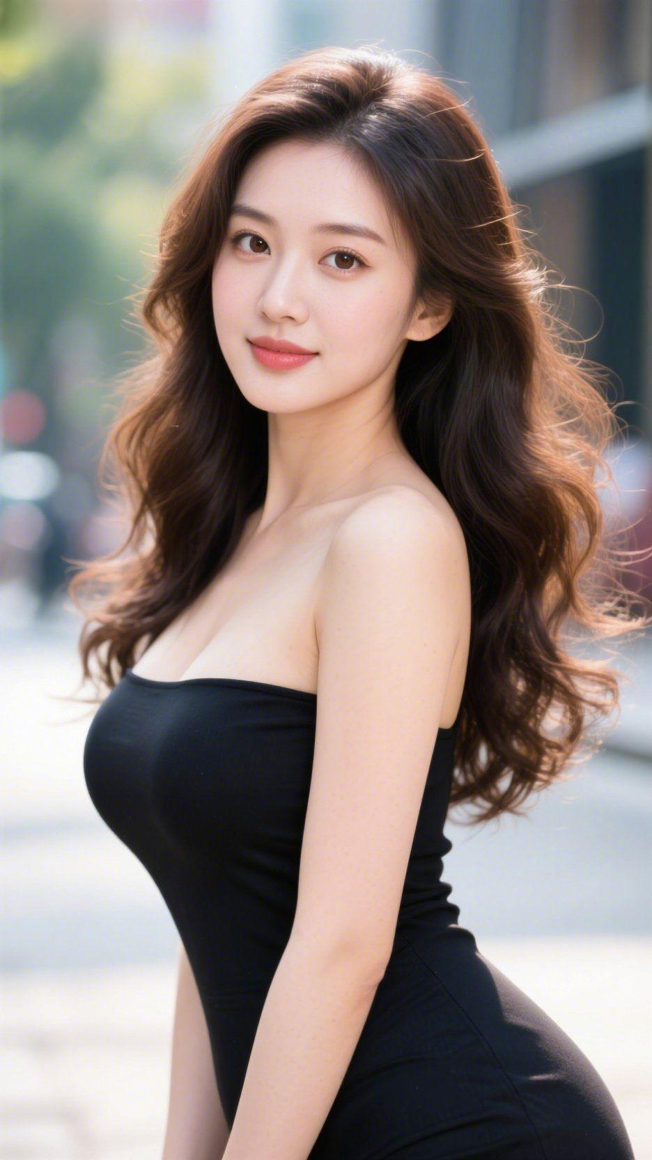 黑裙立影都市中都市的街巷间，阳光透过楼宇缝隙洒落，在路面铺就斑驳的光影。她