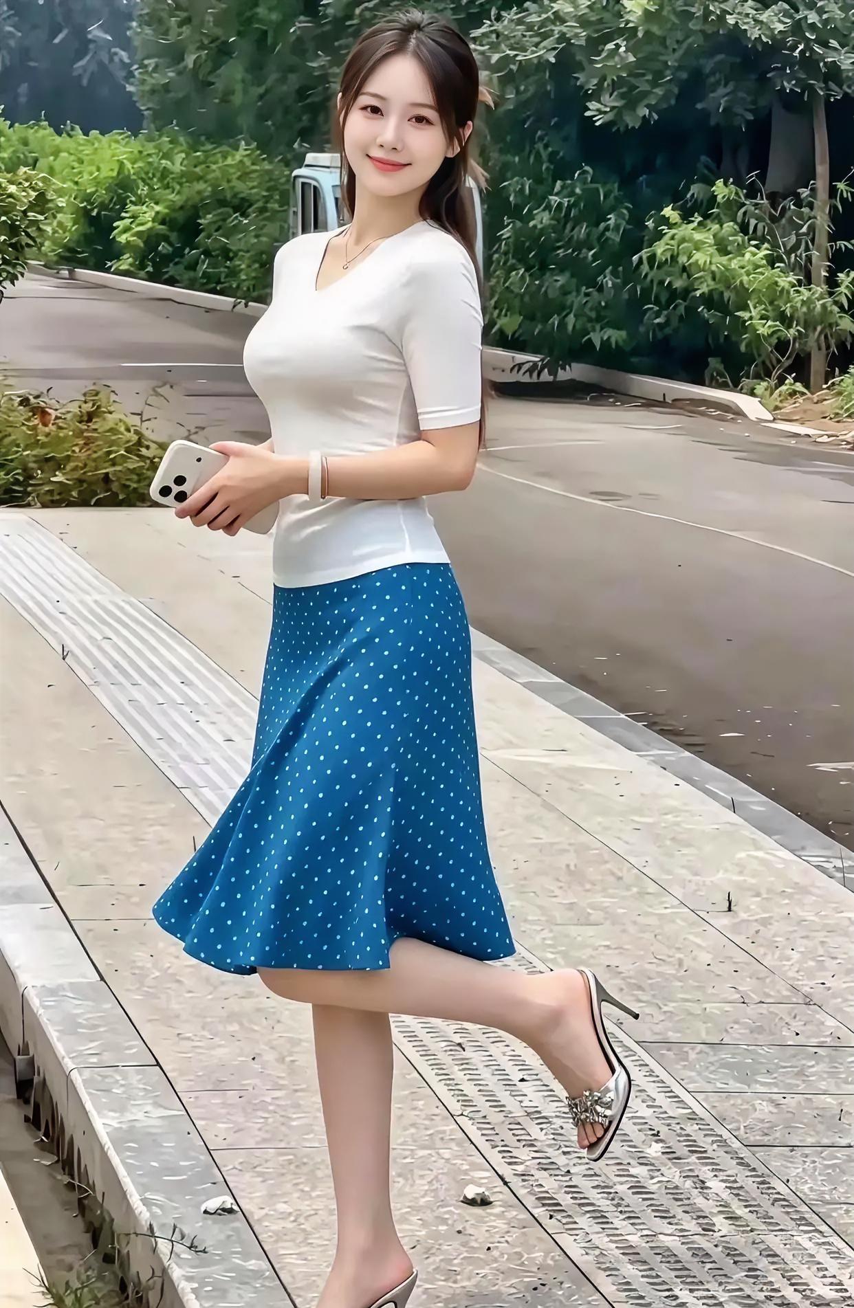 白衫蓝裙随风轻轻摇，波点跳跃像快乐在冒泡。高跟鞋敲打石板路，一步一景