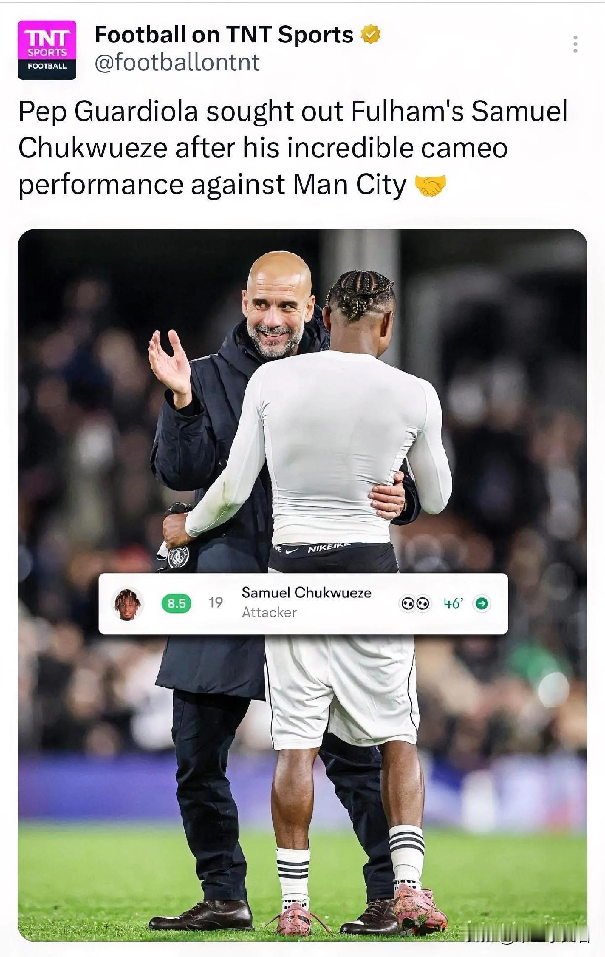 瓜迪奥拉十分欣赏丘库埃泽！丘库埃泽在富勒姆表现出了统治力，在加盟富勒姆后丘库埃七