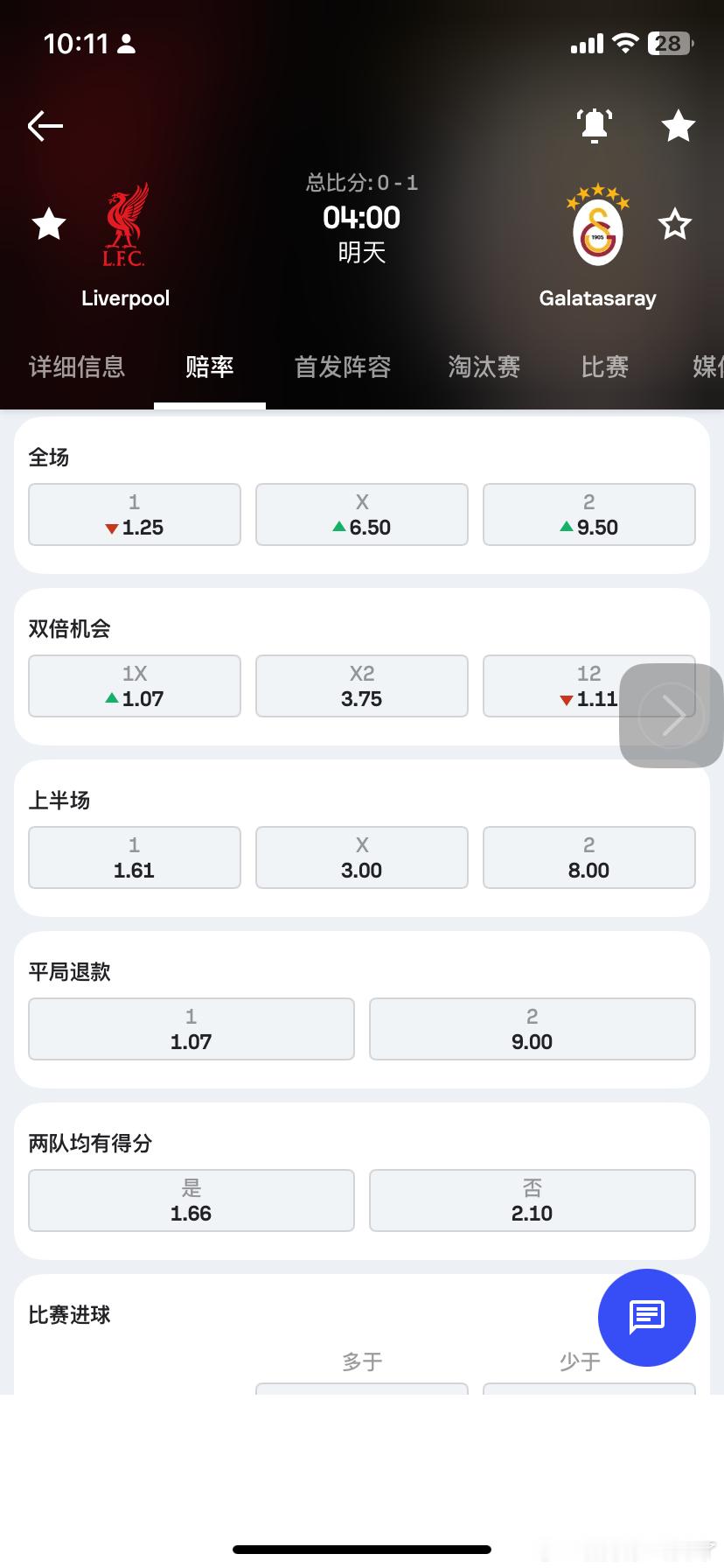 利物浦对阵加拉塔萨雷利物浦获胜的赔率为1.25，平局为6.5，加拉塔萨雷获胜