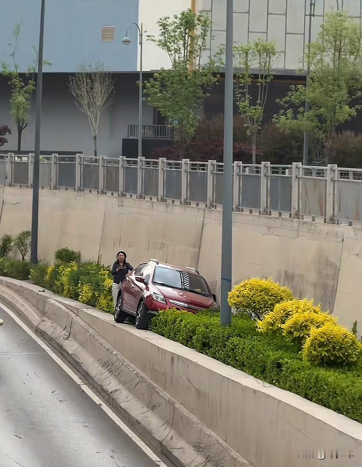 太原女司机太牛了，把车开上了路边花坛稳稳当当停在上面！全网都在AI她是怎么开上去