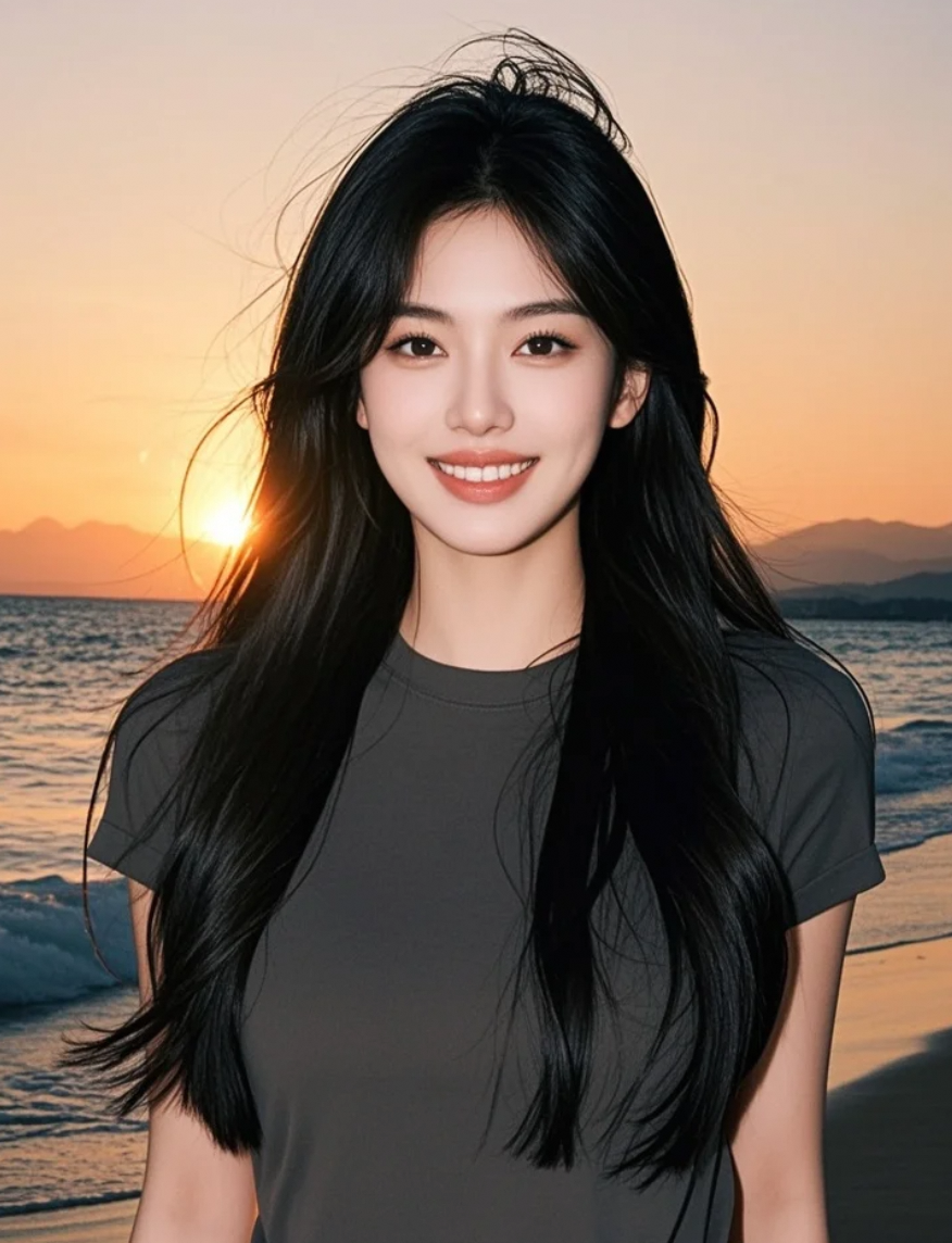 她在海边，随着夕阳一起呼吸