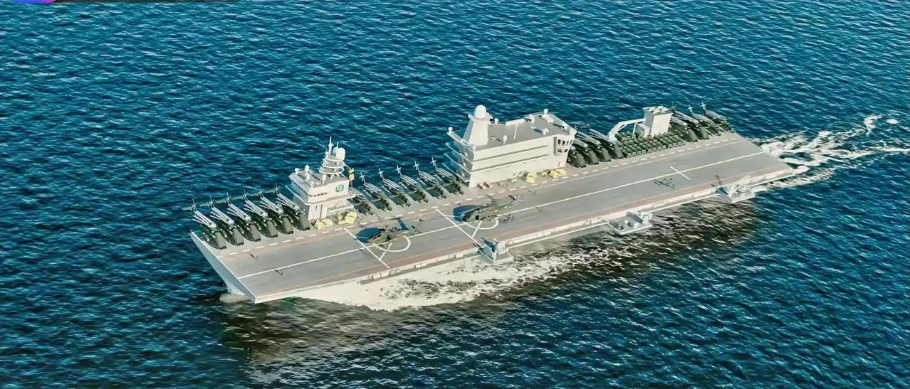 一艘造型奇特的舰船正静静驶出港口，甲板上的三个独立舰岛像三座海上堡垒，这就是被称