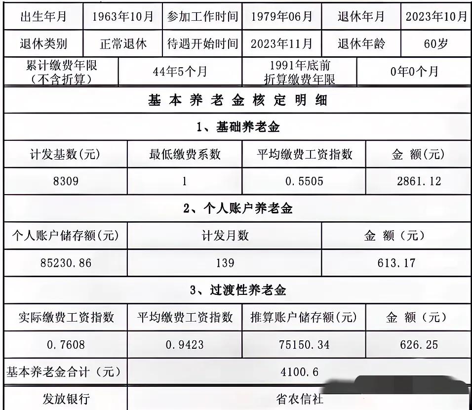 这一份基本养老核定表，工龄很长，长达44年4个月，月基本养老金¥4100.6。