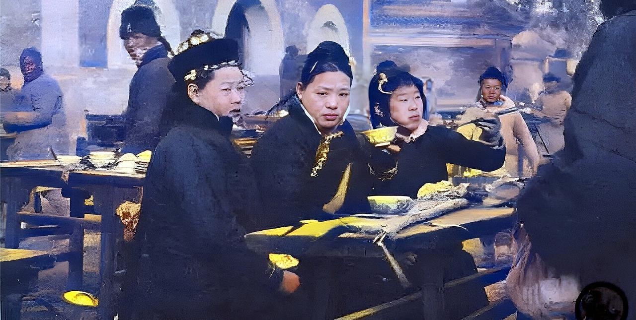 晚清，三名满族女子坐在庙会的小吃摊上有滋有味地吃起来。当年，庙会比现在的大集更加