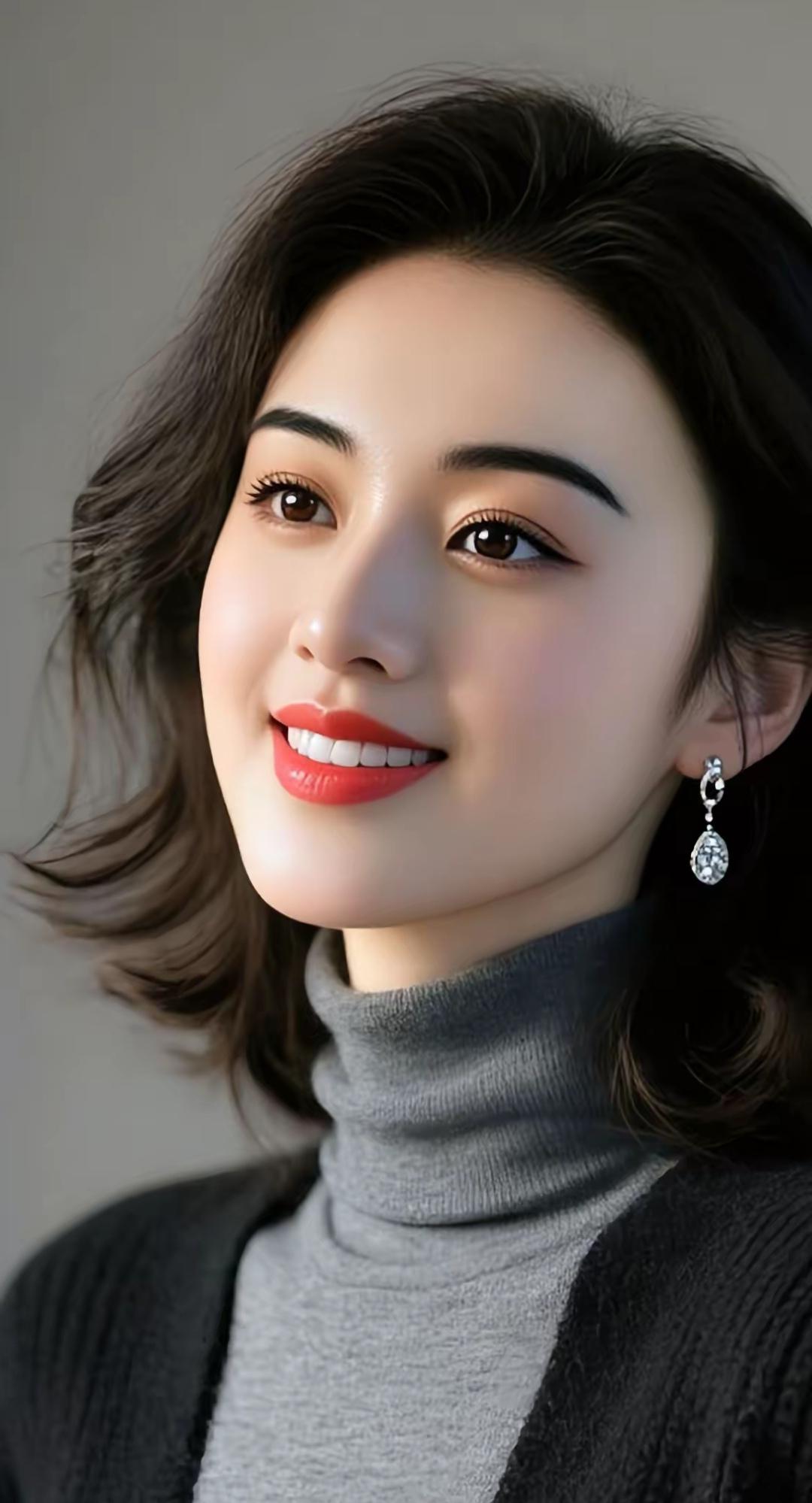 温柔甜美的微笑，优雅的耳环，时尚的高领毛衣，散发着自信与魅力。高雅气质美女美女