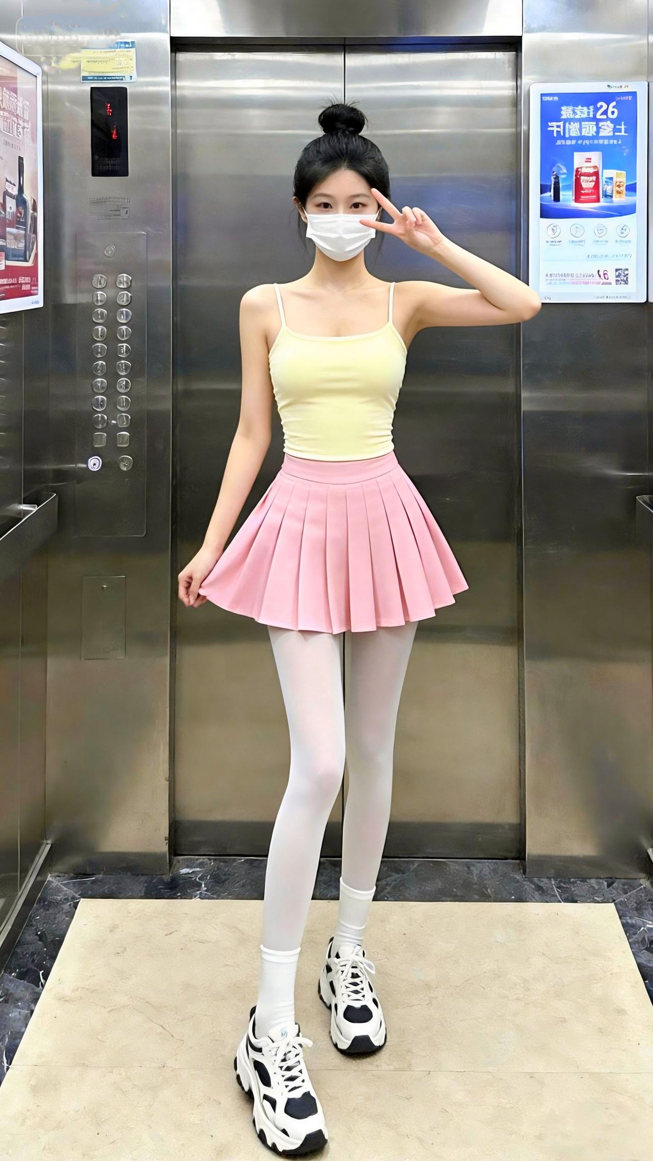 辣妹百褶裙活力少女穿搭电梯拍照女大穿搭日常