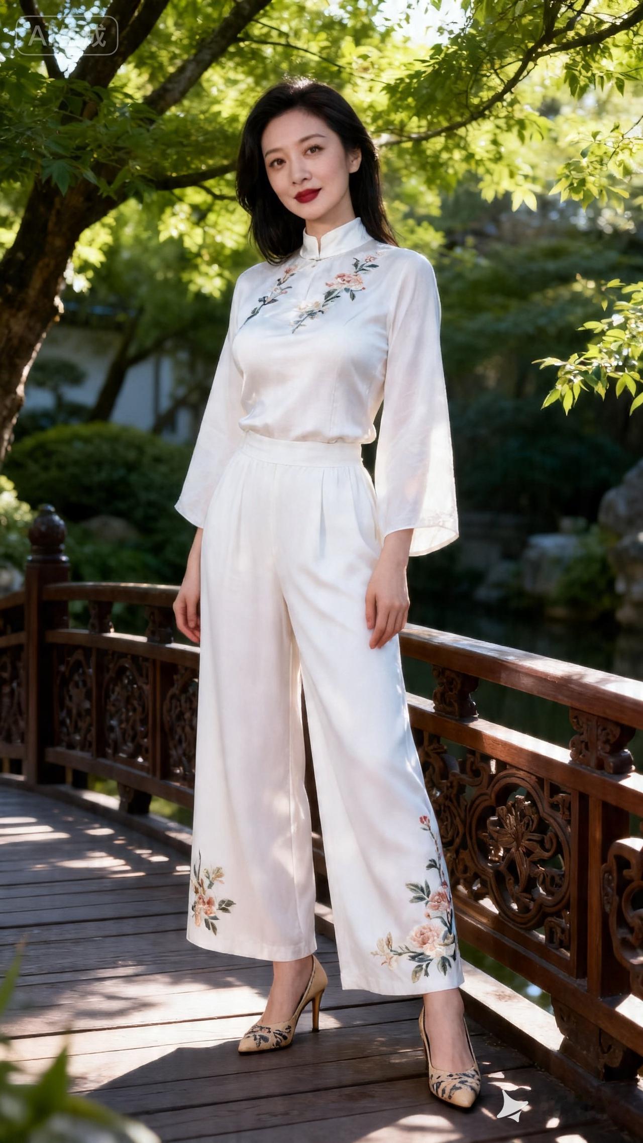 优雅白衣女子，漫步在古风桥上，花影婆娑，岁月静好。