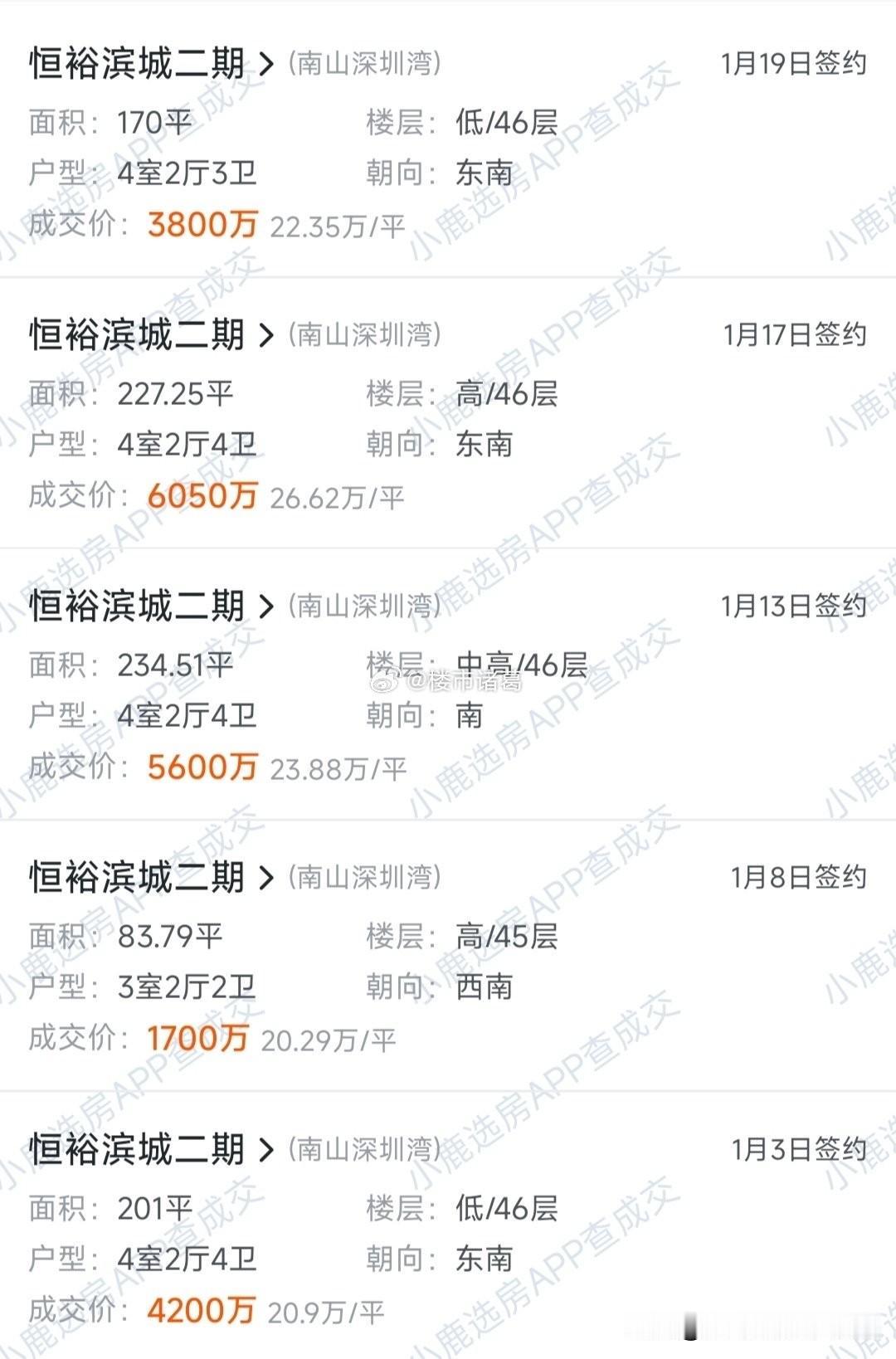 深圳湾恒裕滨城二期，进入1月明显放量，截至目前至少已有5套标的成交，约等于过去三