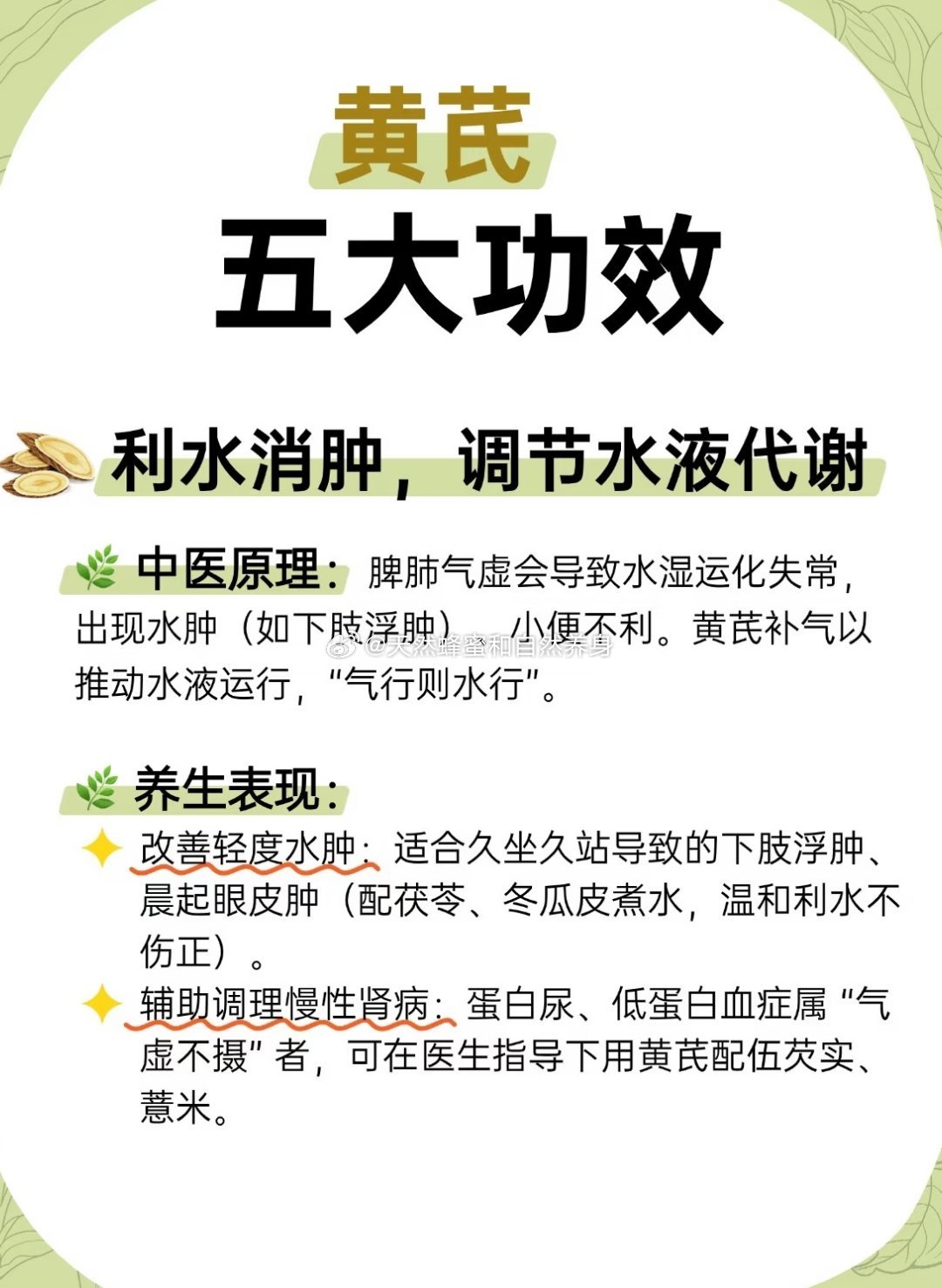 黄芪利水消肿，调节水液代谢中医原理：脾肺气虚会导致水湿运化失常，出现水肿（如下肢浮肿）、小便不利。黄