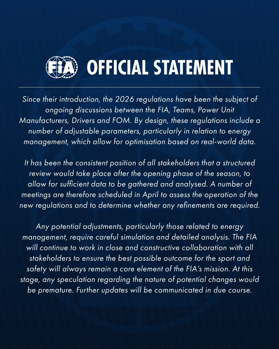 FIA针对贝尔曼的事故发表官方声明自2026新规出台以来，一直是FIA、车队、动