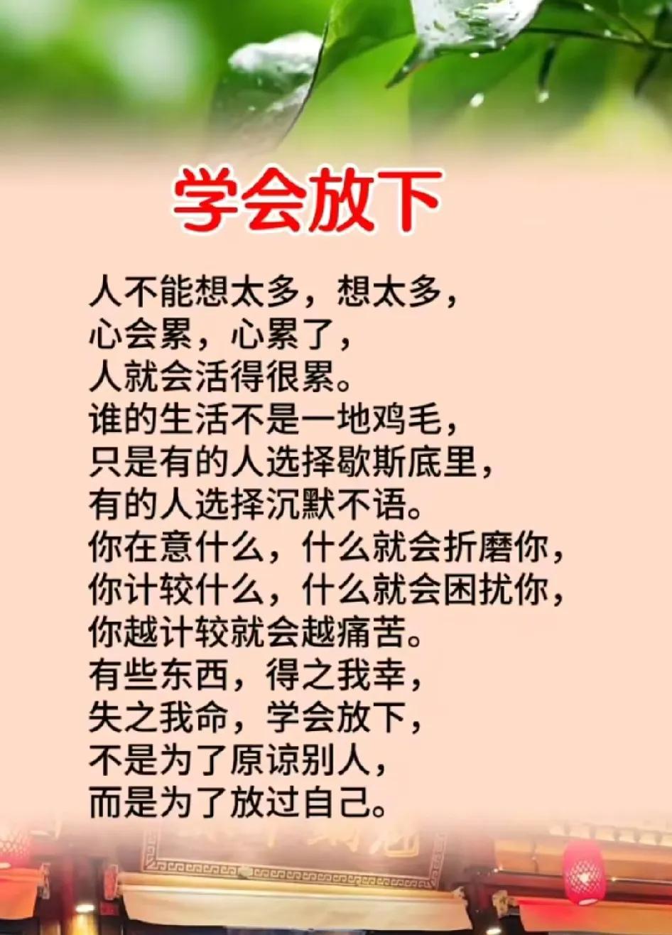 人生苦短，放下计较，放下过去，心才轻松，人才快乐。看开无烦，想开无恼