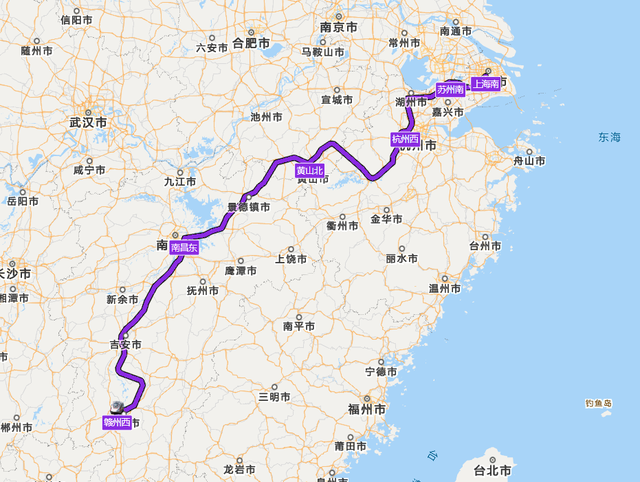 上海至赣州, G1315 次列车途经苏州、黄山