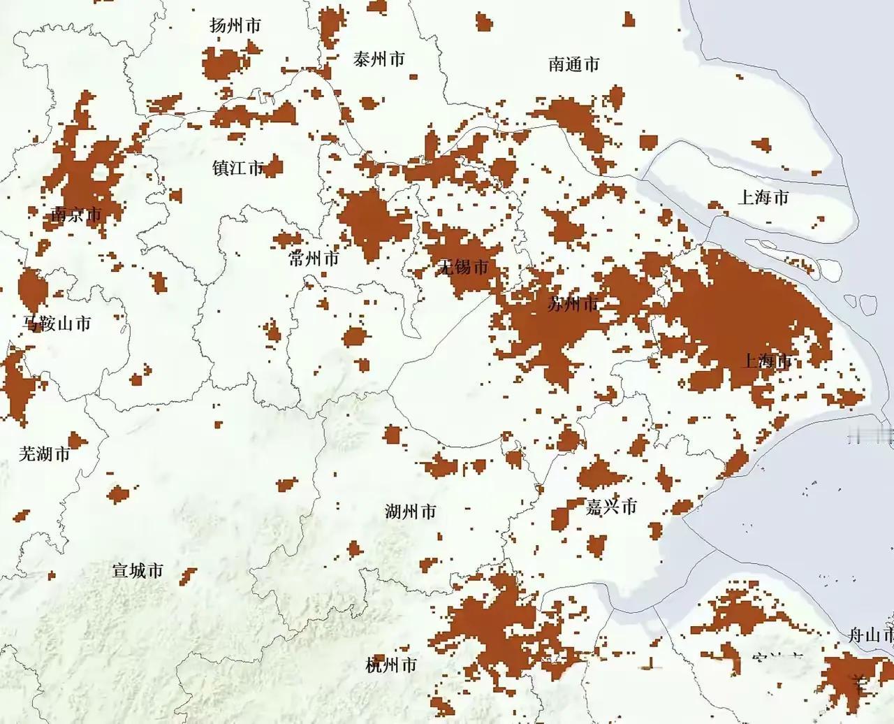 国庆假期刷到这张建成区图，把长三角的真相扒光了！别被“一体化”三个字骗了！看