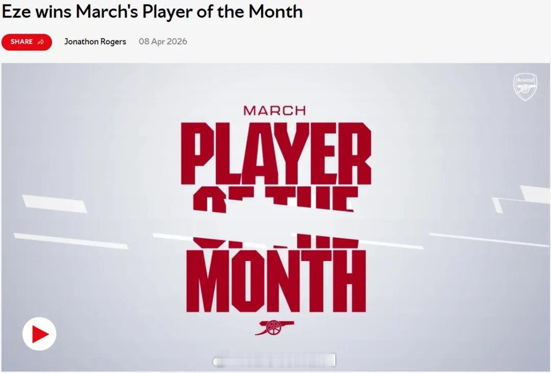 官方：阿森纳宣布埃泽被评为了队内3月份最佳球员，英格兰人得到了球迷37%的投票