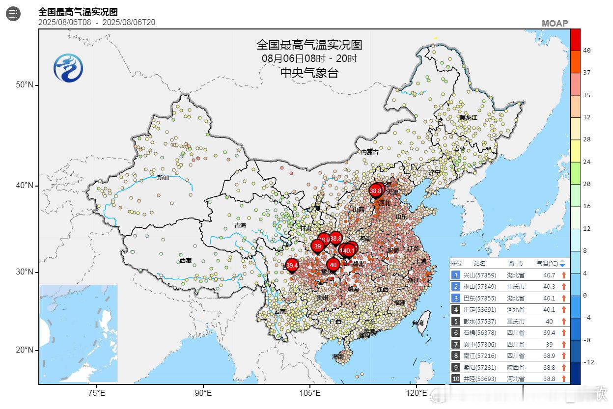 【高温重心南移】今天湖北重庆河北有5站最高气温达到了40℃以上，河北正定40.1