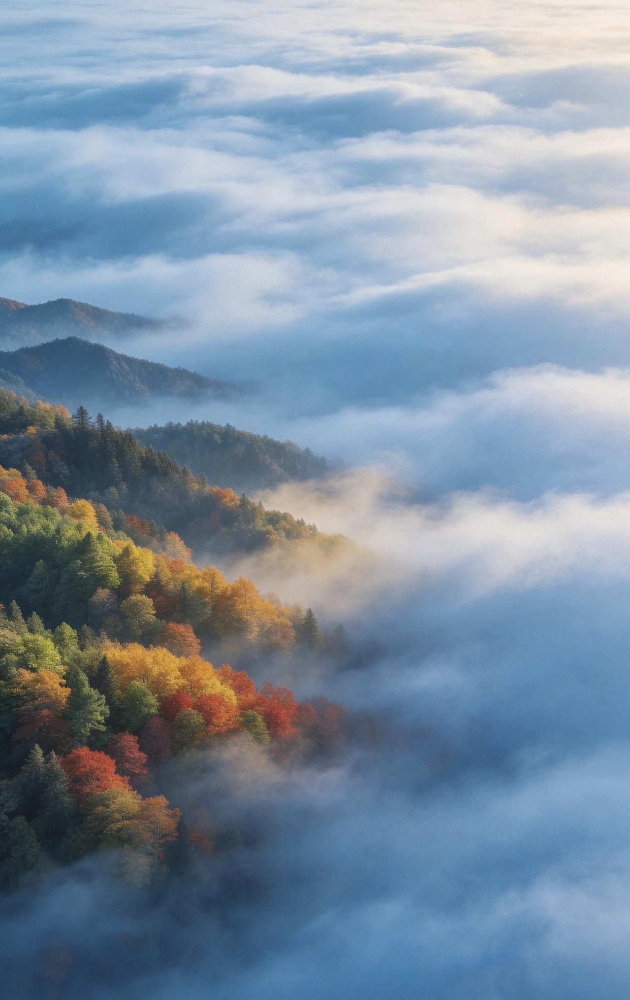 精美壁纸（699）🌈航拍俯拍光雾山，云海漫卷如仙境，层林尽染尽显秋韵。蓝、绿
