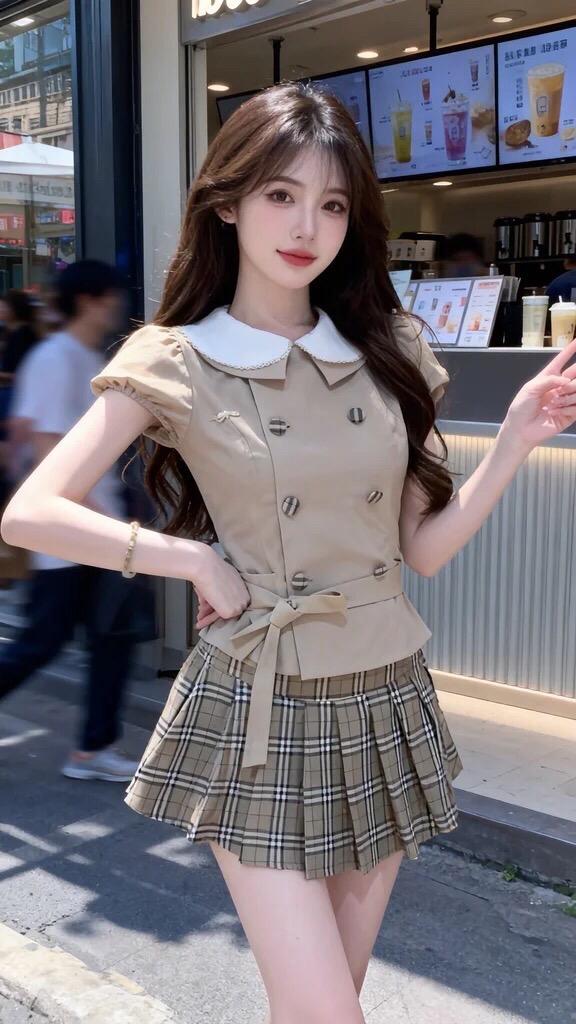 街头甜妹范街头甜妹风米色短裙造型晒出你的甜美jk穿搭jk制服街拍