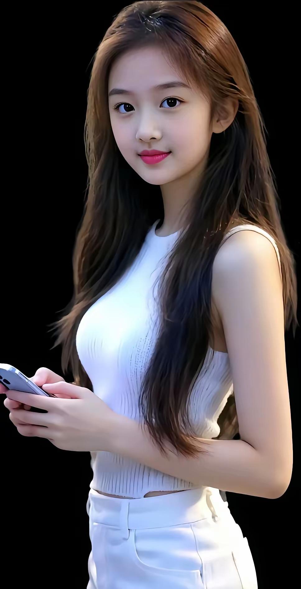 一个穿白色衣服的女孩在看手机。