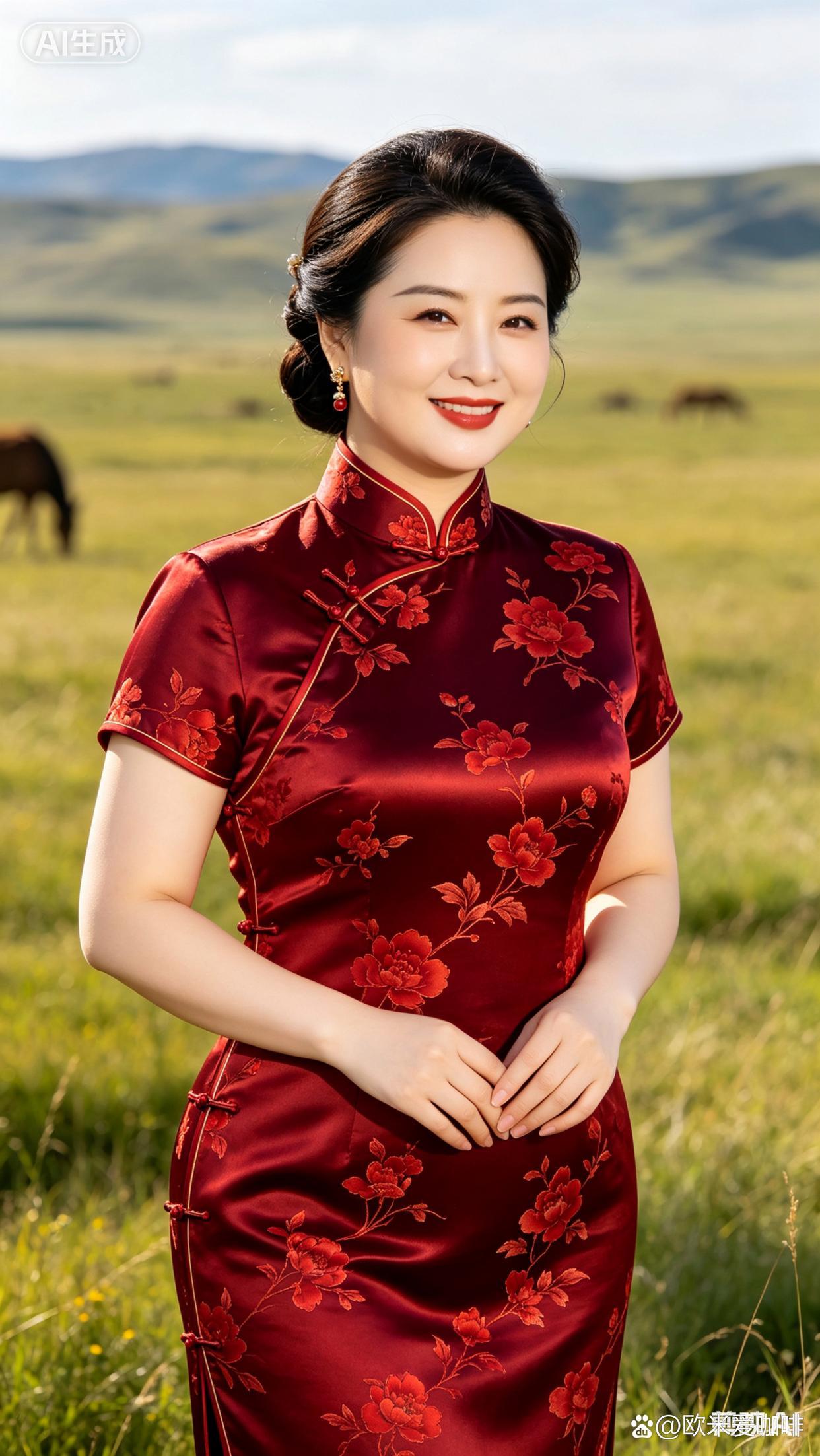 她穿着旗袍在草地上微笑，风把旗袍的边角吹得轻轻贴在草叶上，露出的手腕纤细，连鬓边