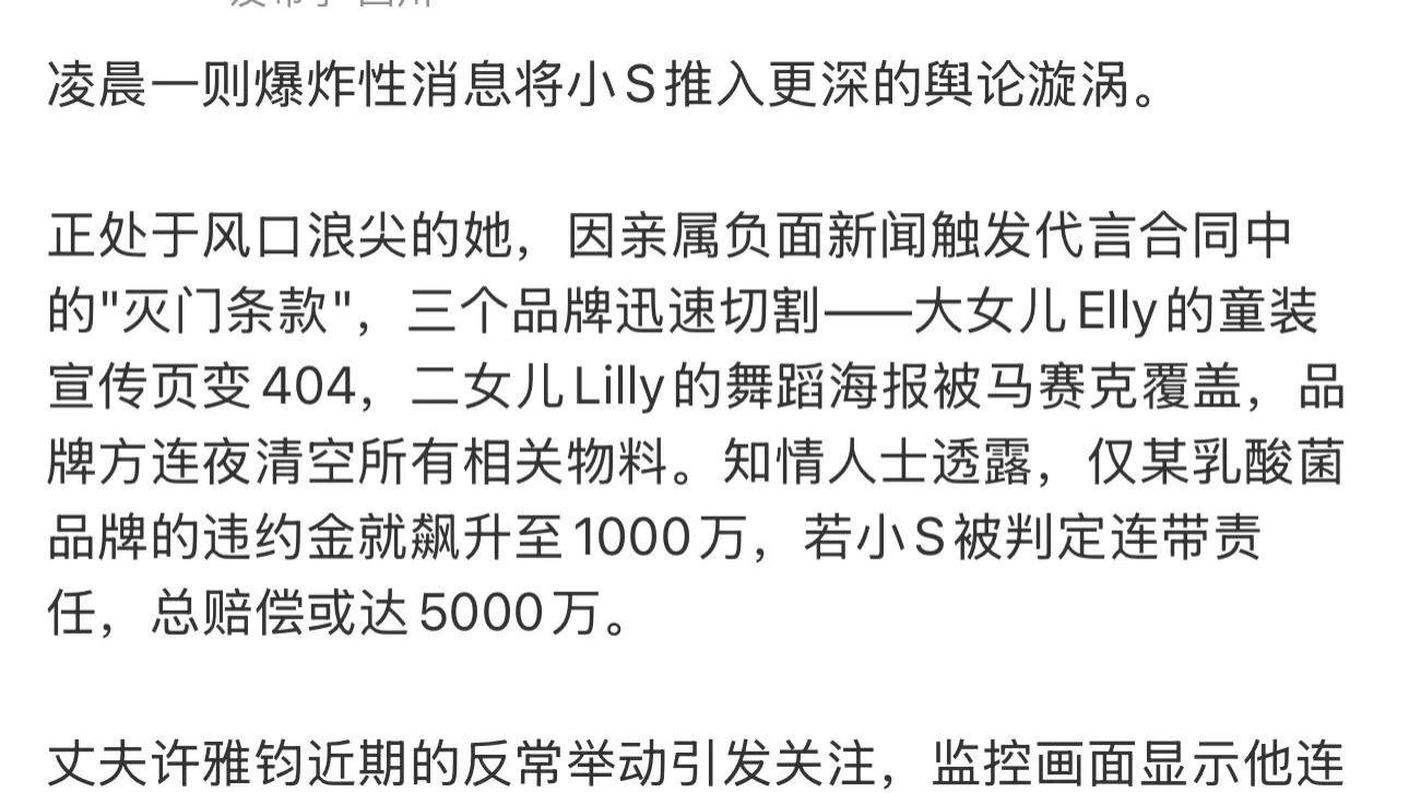 凌晨一则爆炸性消息将小S推入更深的舆论漩涡