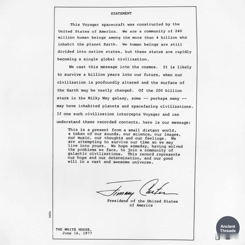 这封信是吉米·卡特（JimmyCarter）总统于1977年为旅行者号（Voy