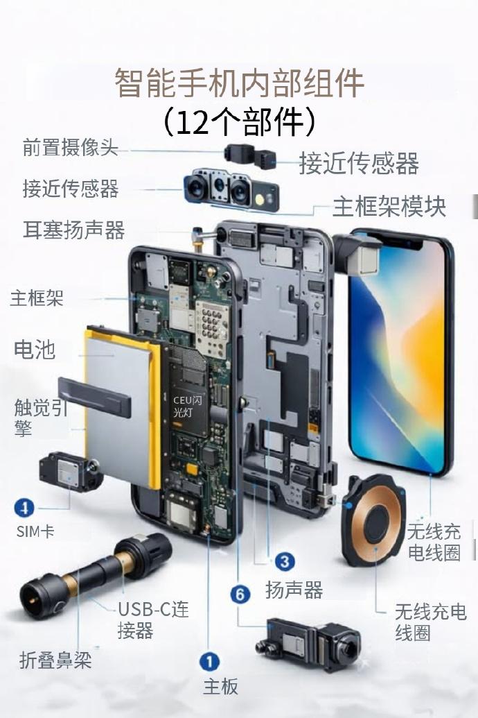 拆开手机才发现小小的机身藏了超多零件！这张图拆解出12个核心部件，咱们每天刷视频